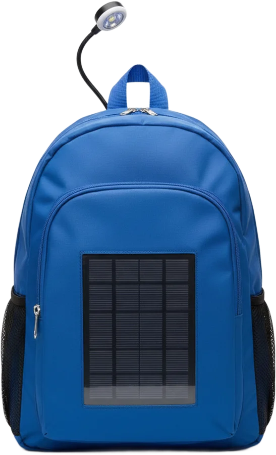 Sac TilenBag bleu vu de face, avec sa lampe LED sur tige souple
