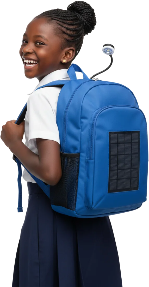 Une écolière se retourne en riant ; sur son dos, un sac TilenBag bleu avec son panneau solaire et sa lampe LED